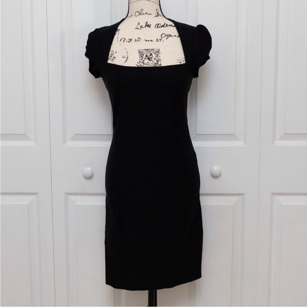 Lovely Day Black Square Neck Mini Dress Puff Sleeve 90s Minimal LBD Size L - Picture 2 of 9